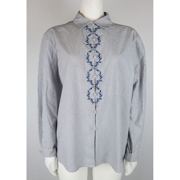 WOMEN'S STRIPED FLORAL EMBROIDERED BUTTON UP SHIRT - BAXTER & WELLS - SIZE 14 - Picture 2 of 10